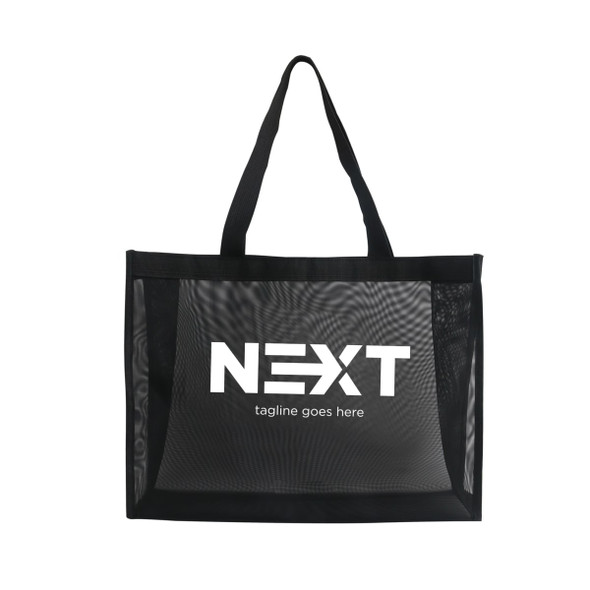 A black transparent mesh tote bag with two handles and a logo on the front.