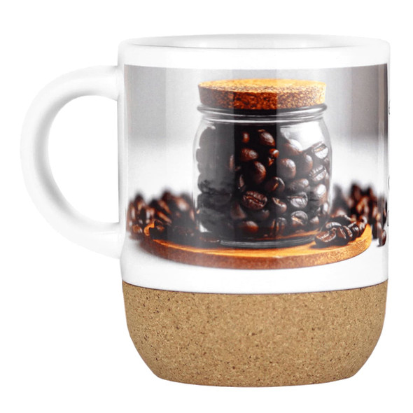 A coffee mug featuring a glossy white upper section and a cork base, decorated with coffee beans and a jar design.