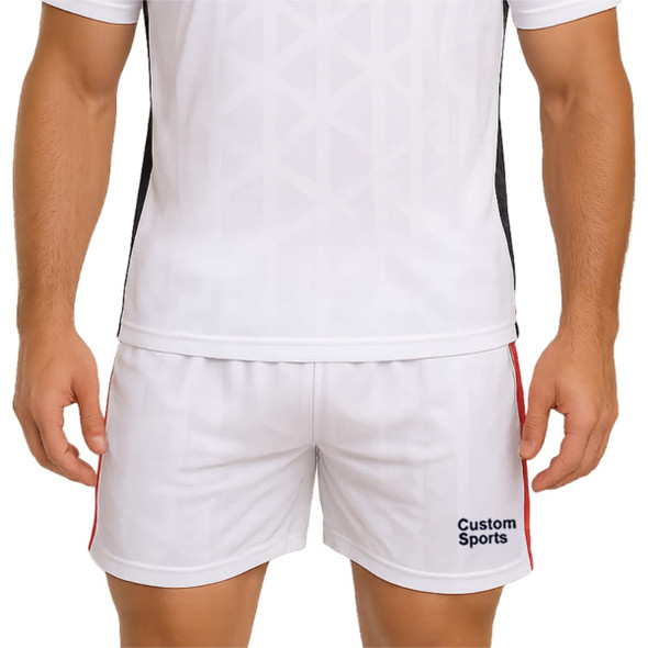 Breathable white soccer shorts with a lining, featuring black accents and a logo on the side.