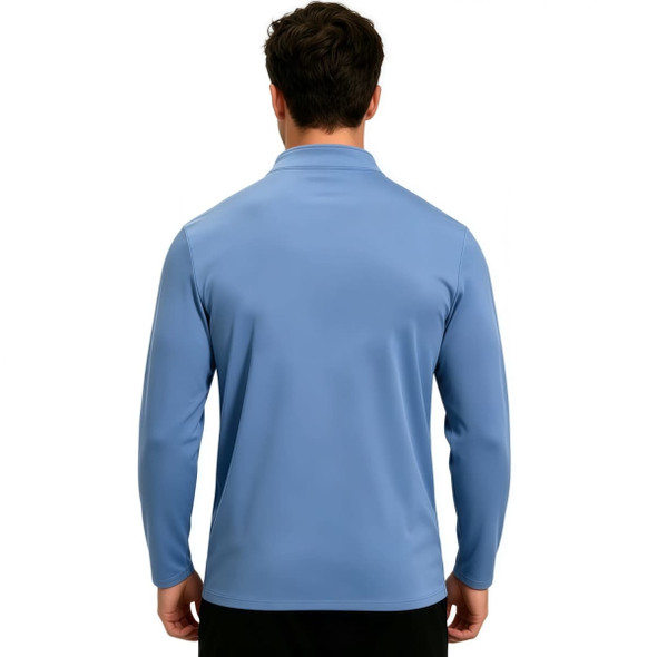 A men's 1/4 zip fishing pullover in blue, crafted from polyester and spandex, featuring a plain back and long sleeves.