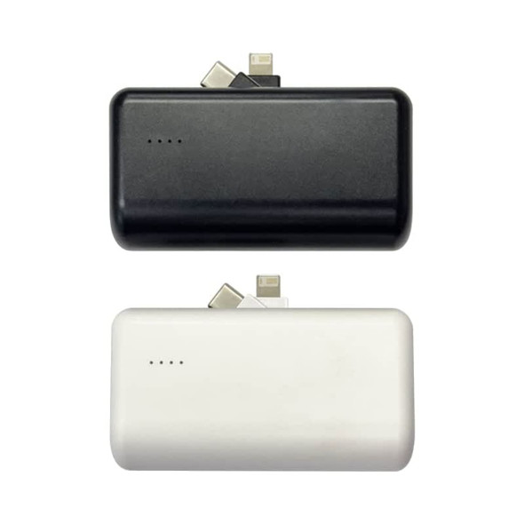 A power bank stand with a black and a white unit, each featuring built-in connectors and a logo.