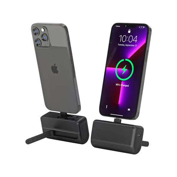 A power bank stand in black, featuring a phone holder with a device charging indicator.