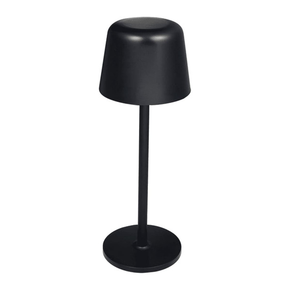 A black recycled mini rechargeable lamp with a cone-shaped shade and a circular base. A black recycled mini rechargeable lamp with a cone-shaped shade and a circular base.