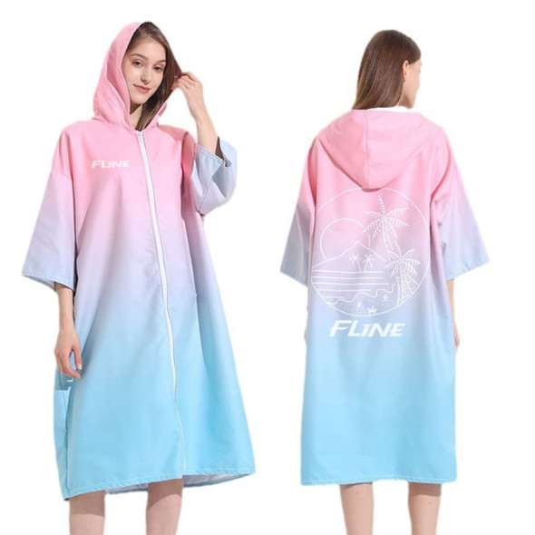 A hooded change towel in pink and light blue with a zip, featuring a logo and a tropical design on the back.