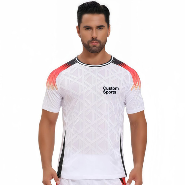 A breathable crew neck raglan T-shirt in white with orange and black accents, featuring a logo on the front.