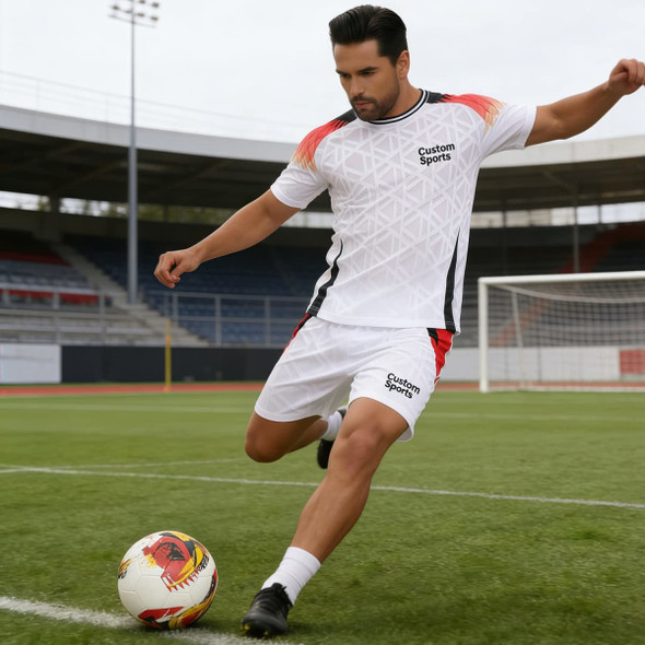 A male athlete in white and red polyester soccer shorts and matching shirt, kicking a soccer ball on a field.