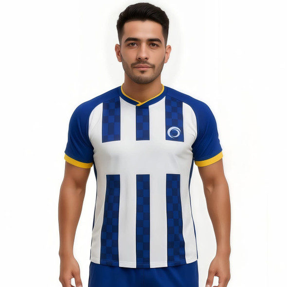 A breathable blue and white cross neck raglan T-shirt featuring a logo. Suitable for casual wear or sports.