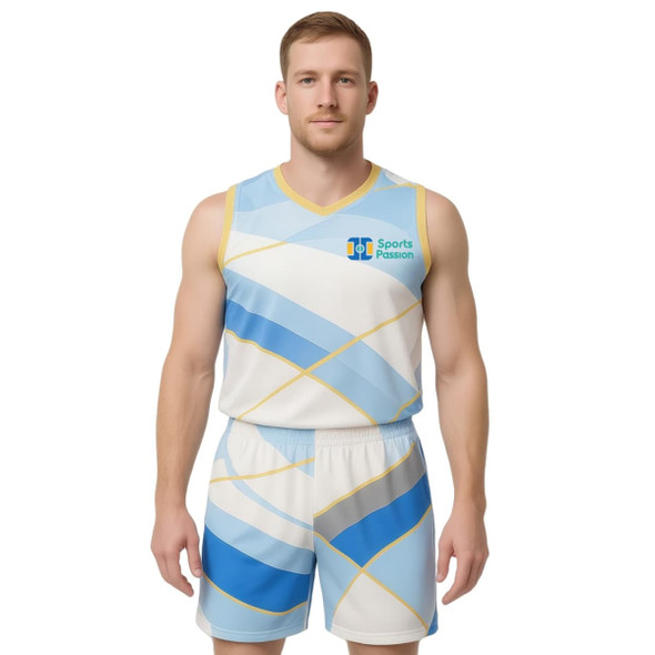 A lightweight, breathable small V-neck sleeveless sport jersey in blue and white with a logo. Suitable for sports uniforms. A lightweight, breathable small V-neck sleeveless sport jersey in blue and white with a logo. Suitable for sports uniforms.