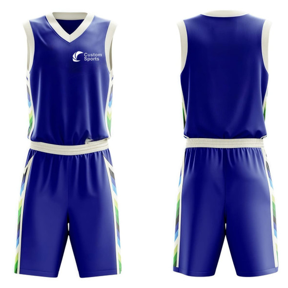V-neck sleeveless sport jersey in blue with green and white accents, featuring a logo on the front. V-neck sleeveless sport jersey in blue with green and white accents, featuring a logo on the front.