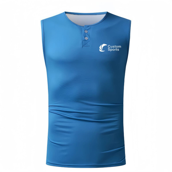 A blue 100% polyester micro mesh sublimated singlet featuring a small V-neck and buttoned design, with a logo. A blue 100% polyester micro mesh sublimated singlet featuring a small V-neck and buttoned design, with a logo.