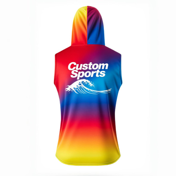 A sleeveless hoodie in vibrant red, yellow, and blue gradient, featuring a logo on the back. A sleeveless hoodie in vibrant red, yellow, and blue gradient, featuring a logo on the back.