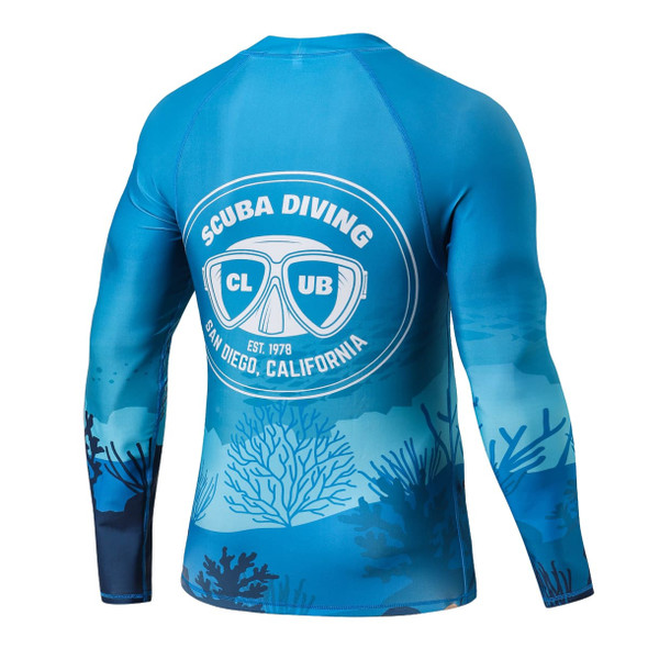 A blue sublimation long sleeve rashie featuring a scuba diving logo and coral reef design. A blue sublimation long sleeve rashie featuring a scuba diving logo and coral reef design.