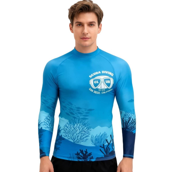 A blue long-sleeve rashie featuring an underwater design and a logo, designed for sun protection.