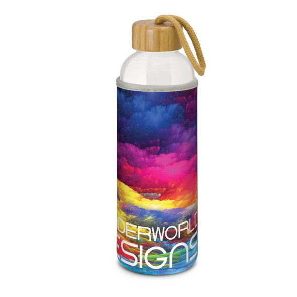 A drink bottle with a vibrant full-colour design featuring shades of pink, purple, orange, and blue, topped with a bamboo lid.
