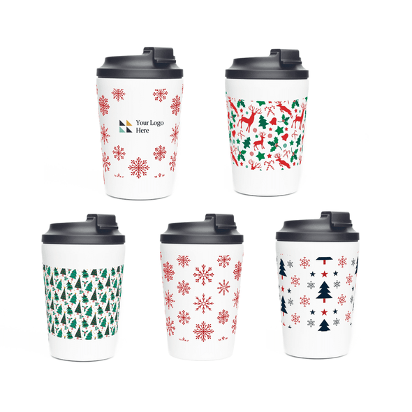 A double-walled coffee cup in white featuring various festive patterns, including snowflakes, reindeer, and Christmas trees.