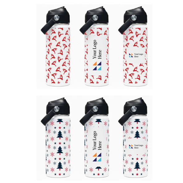 A drink bottle featuring a white design with red patterns of reindeer and trees, equipped with a carry handle.
