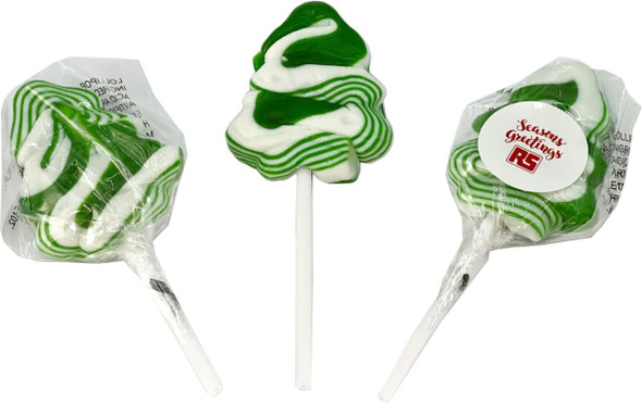 Small Christmas tree lollipops in green and white spiral design, featuring a logo on one wrapper. Small Christmas tree lollipops in green and white spiral design, featuring a logo on one wrapper.