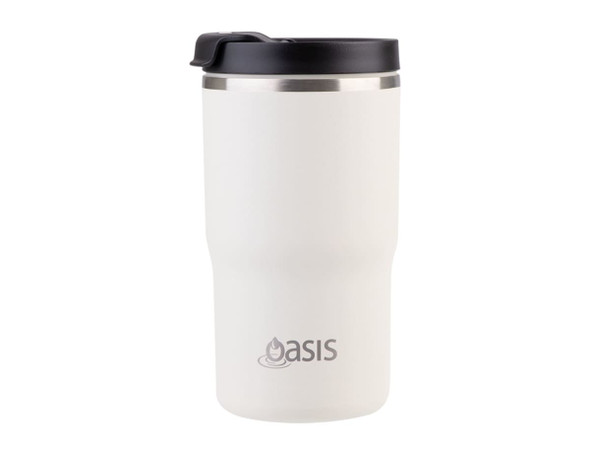 A drink bottle featuring a white body and black lid, with a logo on the front.