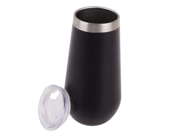 A vacuum champagne flute in matte black with a stainless steel rim and a clear lid. It has a sleek, modern design.