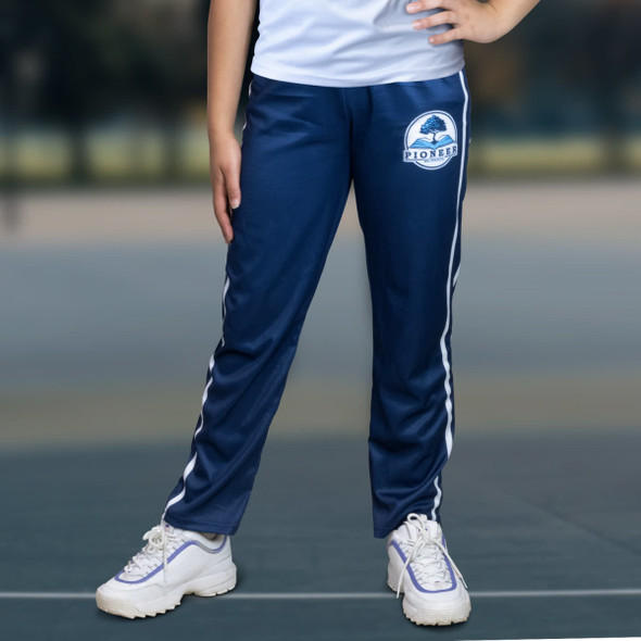 Navy track pants featuring a logo and side stripes, suitable for kids.