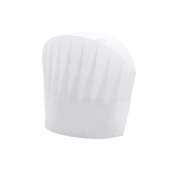 A white disposable non-woven chef hat with pleated design, measuring 23cm in height. Features a logo.
