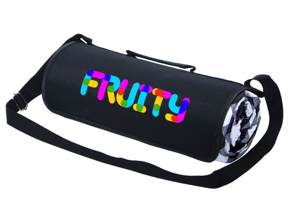 A black picnic rug rolled up with a colourful logo and an adjustable strap for easy carrying.