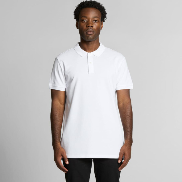 A white polo shirt with a collar and a logo, featuring a straight cut design.