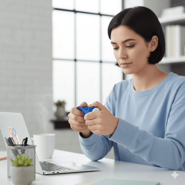 A woman playing with a fidget toy.