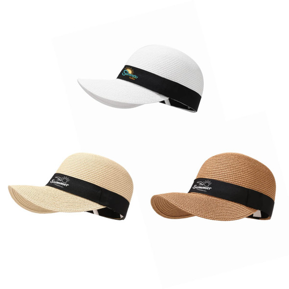 A collection of three sun visors in white, light beige, and dark beige, featuring a black band and a logo. A collection of three sun visors in white, light beige, and dark beige, featuring a black band and a logo.