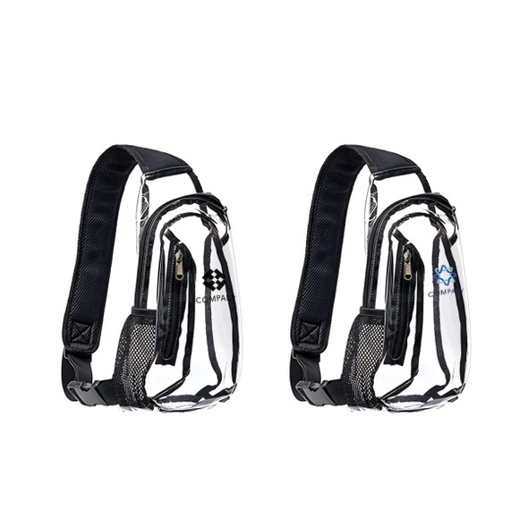 A large capacity clear bag with shoulder straps, featuring a black trim and a mesh pocket, includes logos on both sides. A large capacity clear bag with shoulder straps, featuring a black trim and a mesh pocket, includes logos on both sides.