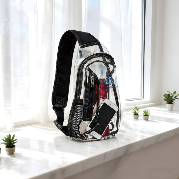 A large clear bag with a black shoulder strap, featuring a phone, drink bottle, and multiple compartments. A large clear bag with a black shoulder strap, featuring a phone, drink bottle, and multiple compartments.