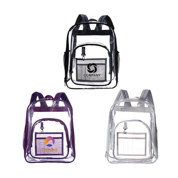 A heavy-duty transparent backpack in black, purple, and clear with front pockets and visible logos. A heavy-duty transparent backpack in black, purple, and clear with front pockets and visible logos.