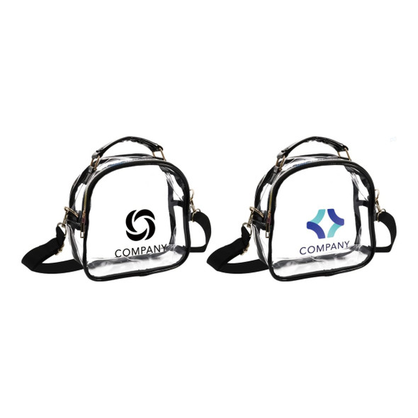 A clear PVC waterproof crossbody bag with black trim and adjustable shoulder straps, featuring logos on both sides. A clear PVC waterproof crossbody bag with black trim and adjustable shoulder straps, featuring logos on both sides.