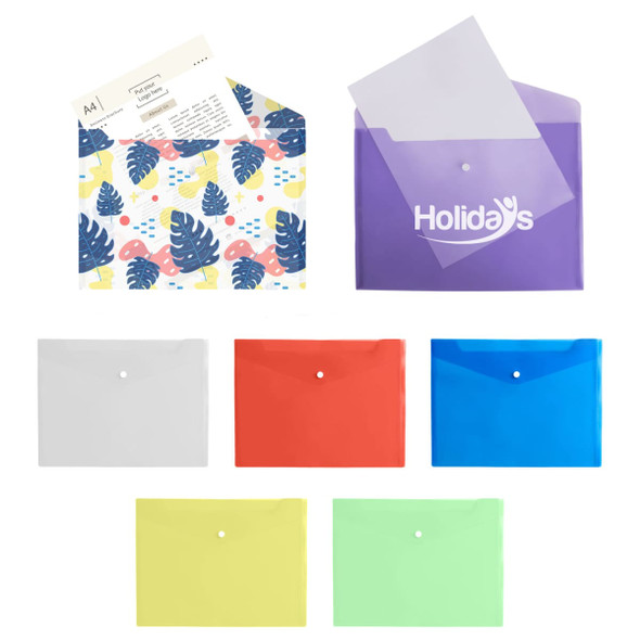 A collection of A4 clear file envelopes in various colours: purple, red, orange, green, yellow, and blue, along with a patterned envelope. A collection of A4 clear file envelopes in various colours: purple, red, orange, green, yellow, and blue, along with a patterned envelope.