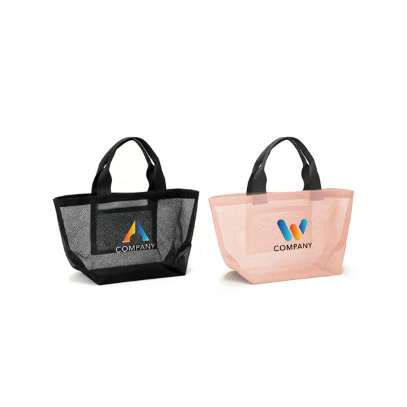 Two premium small mesh beach tote bags in black and pastel pink, each featuring a logo on the front. Two premium small mesh beach tote bags in black and pastel pink, each featuring a logo on the front.