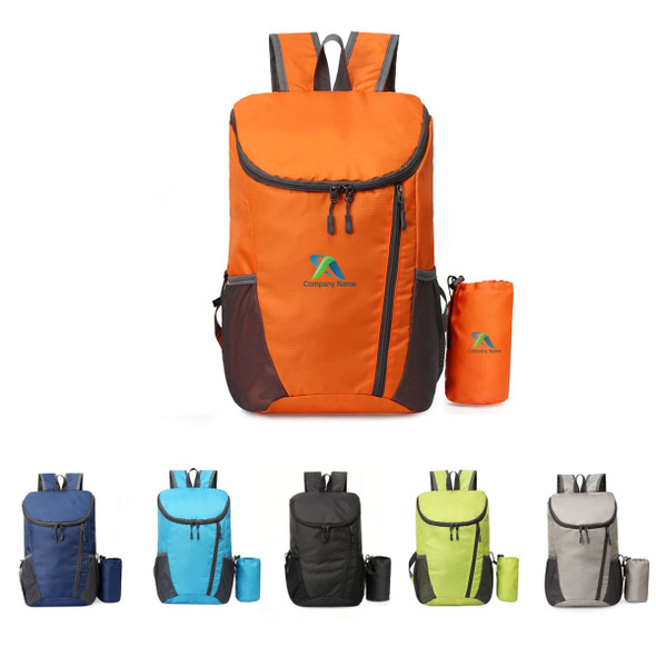 An orange packable travel backpack with side pockets, accompanied by a matching carry pouch, against various coloured backpacks. An orange packable travel backpack with side pockets, accompanied by a matching carry pouch, against various coloured backpacks.