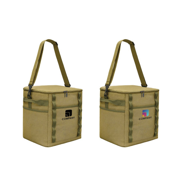 A foldable insulated cooler bag in olive green with adjustable straps and two different logos on each side. A foldable insulated cooler bag in olive green with adjustable straps and two different logos on each side.