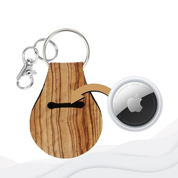 A wooden-look neoprene keychain with a metal clip and a keyring, featuring space for attaching a device.