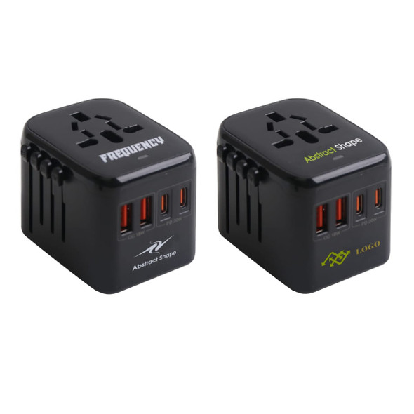A black universal travel adapter with USB-C ports, featuring multiple plug configurations and logos on either side. A black universal travel adapter with USB-C ports, featuring multiple plug configurations and logos on either side.