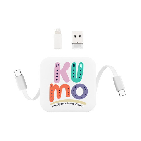 A retractable charging cable in white, featuring USB and lightning connectors, with a logo on the surface.