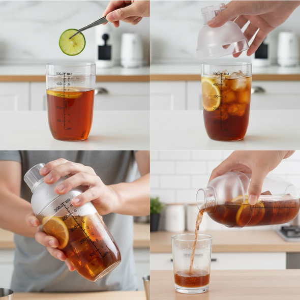 A drink bottle featuring a filter top, filled with iced tea and garnished with lemon and cucumber slices, in a kitchen setting.