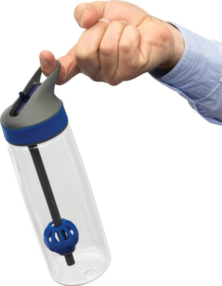 A drink bottle in clear plastic with a grey and blue lid, featuring a black mixing ball inside. It has a logo.