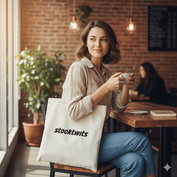 person sitting with a recycled natural tote bag with branding