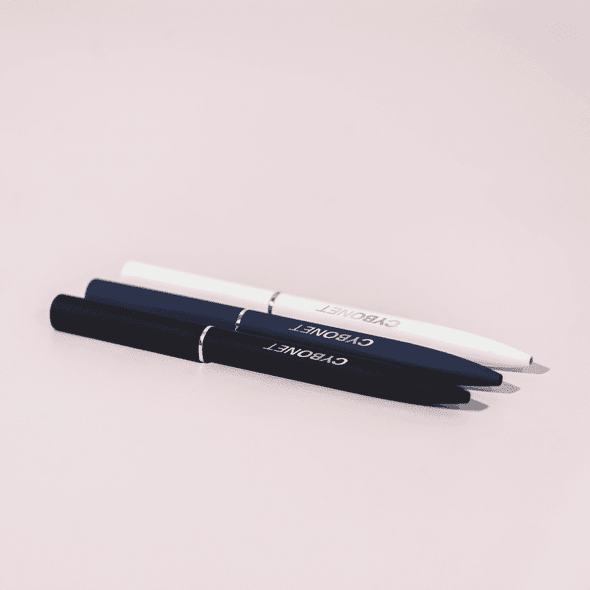 A set of metal pens in black and white with a mirror finish, featuring a branding logo.