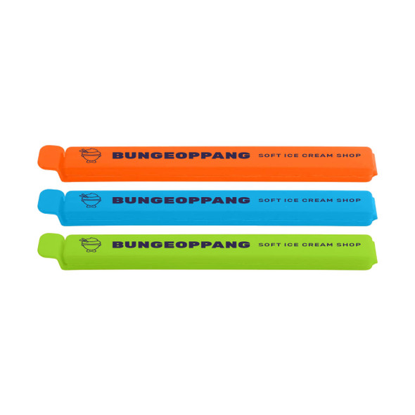 Three food bag seal clips in orange, blue, and green, featuring a logo and text.