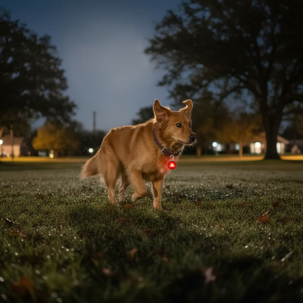A golden dog wearing a red LED light collar stands on grass in a dimly lit park at night.