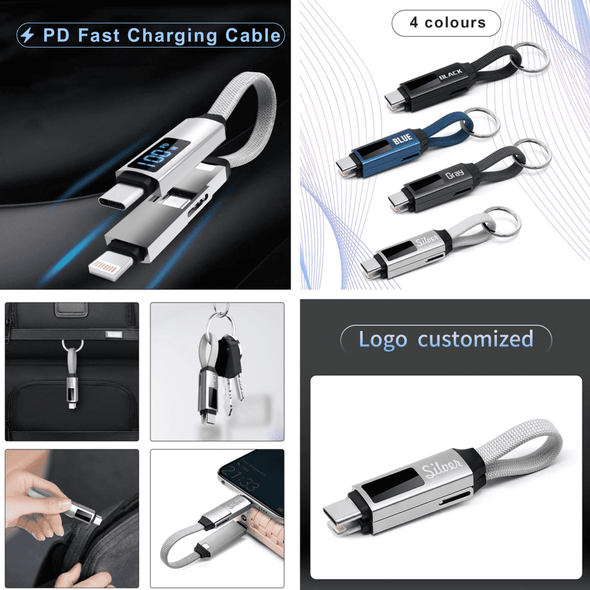 A 100W 3-in-1 aluminium charging cable in silver, with a digital display, available in four colours and featuring a logo.