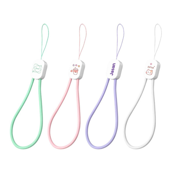A set of four charging phone straps in green, pink, purple, and white, each with a different design and a logo.