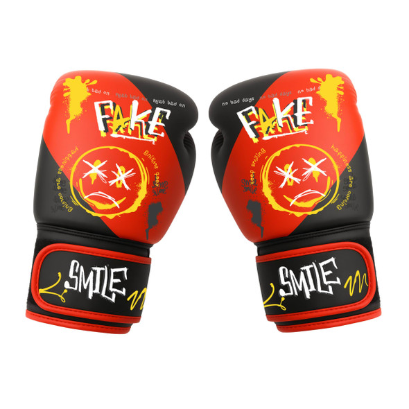 Red and black adult training boxing gloves with a bold design featuring graffiti-style text and a logo.