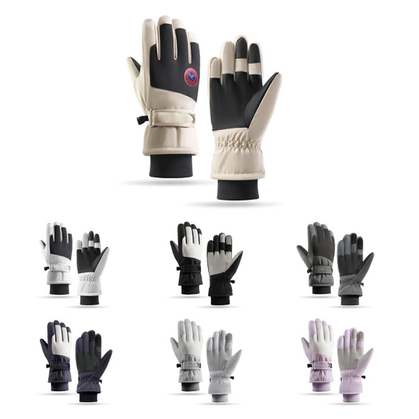 A pair of ski gloves in cream with black accents, accompanied by various other coloured gloves in a grid layout.